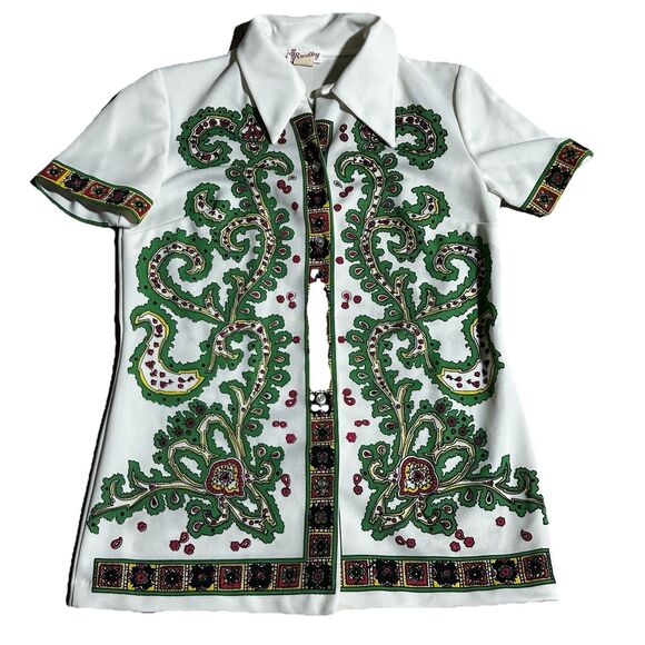 Vintage 70s Psychedelic Tunic‎ Top Bold Paisley Floral Print Collared Shirt - Picture 1 of 7